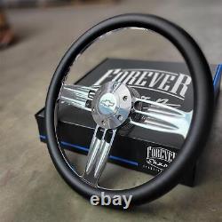 14 Billet Double Barrel Black Vinyl Steering Wheel + Chevy Bowtie Licensed Horn