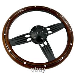 14 Black Double Barrel Steering Wheel with Wood Wrap Al Rivet, Horn For Chevy C10