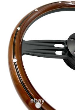 14 Black Double Barrel Steering Wheel with Wood Wrap Al Rivet, Horn For Chevy C10