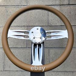 18 Inch Billet Big Rig Steering Wheel Double Barrel Tan Vinyl Wrap Horn